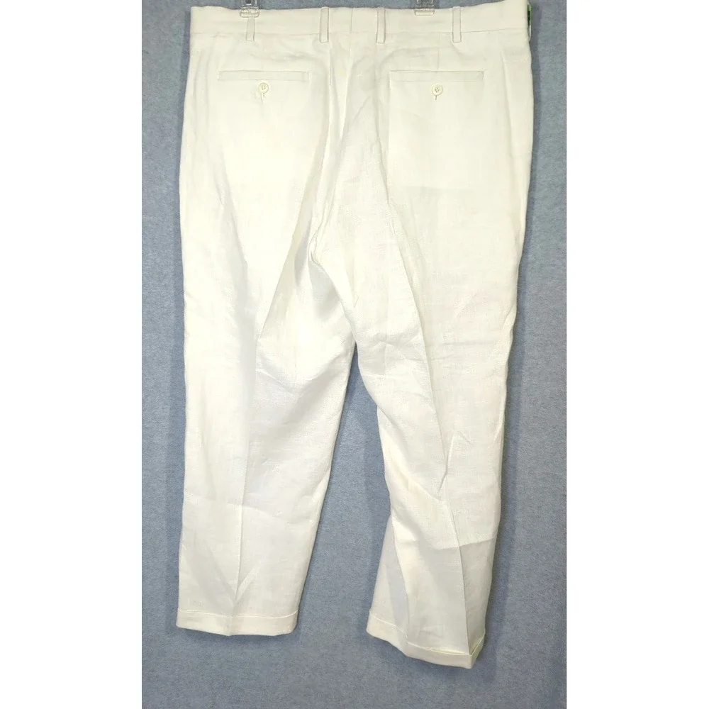 100% Linen Men Trouser Pant 40x30 Pleated Cuffed Ivory Classic Minimalist Money